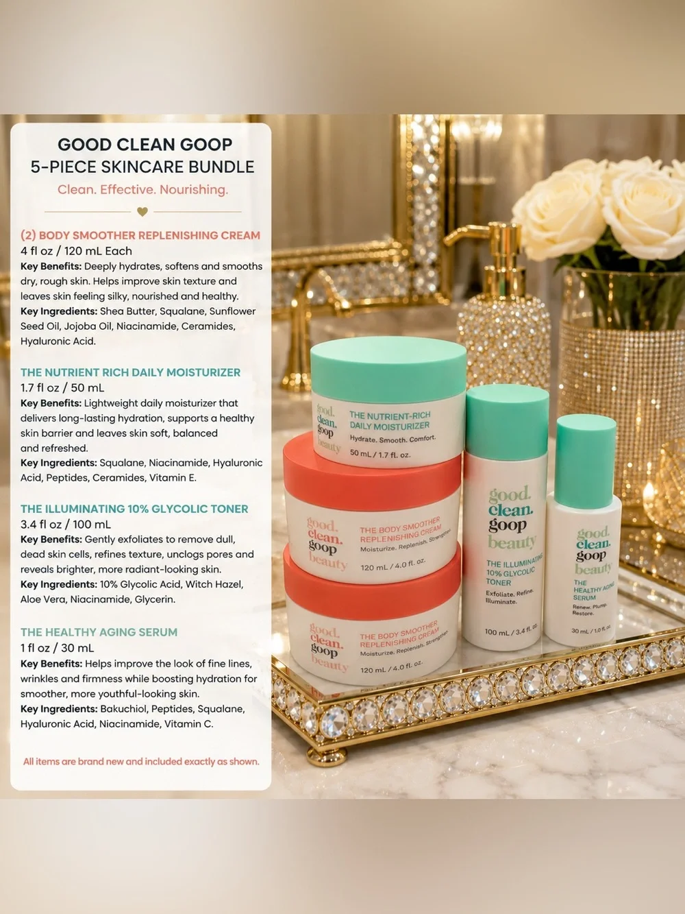good.clean.goop 5pc Skincare Bundle- Serum, Moisturizer, Toner, 2 Body Smoother